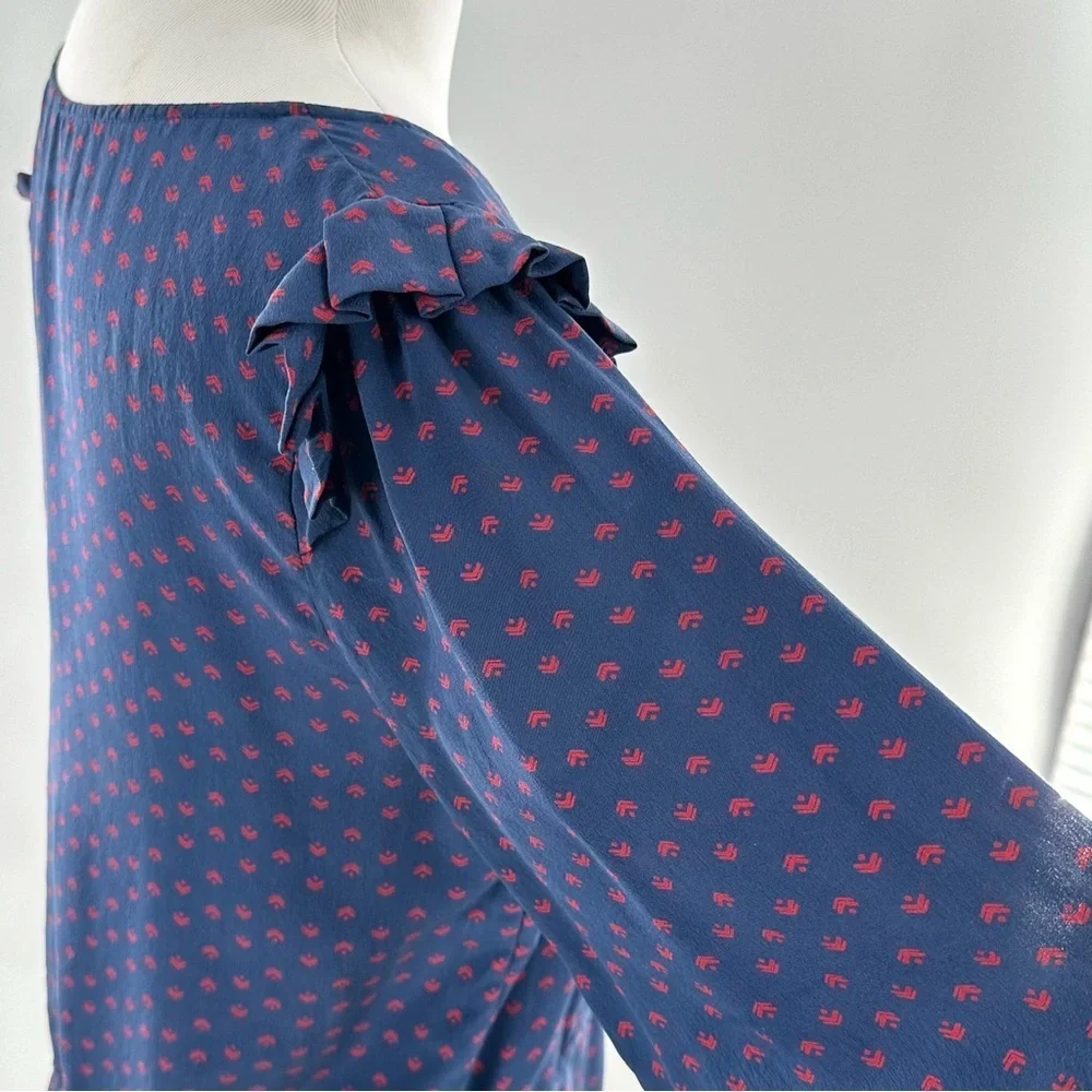 Petticoat Alley top S blue red 100% silk ruffle button down statement sleeves